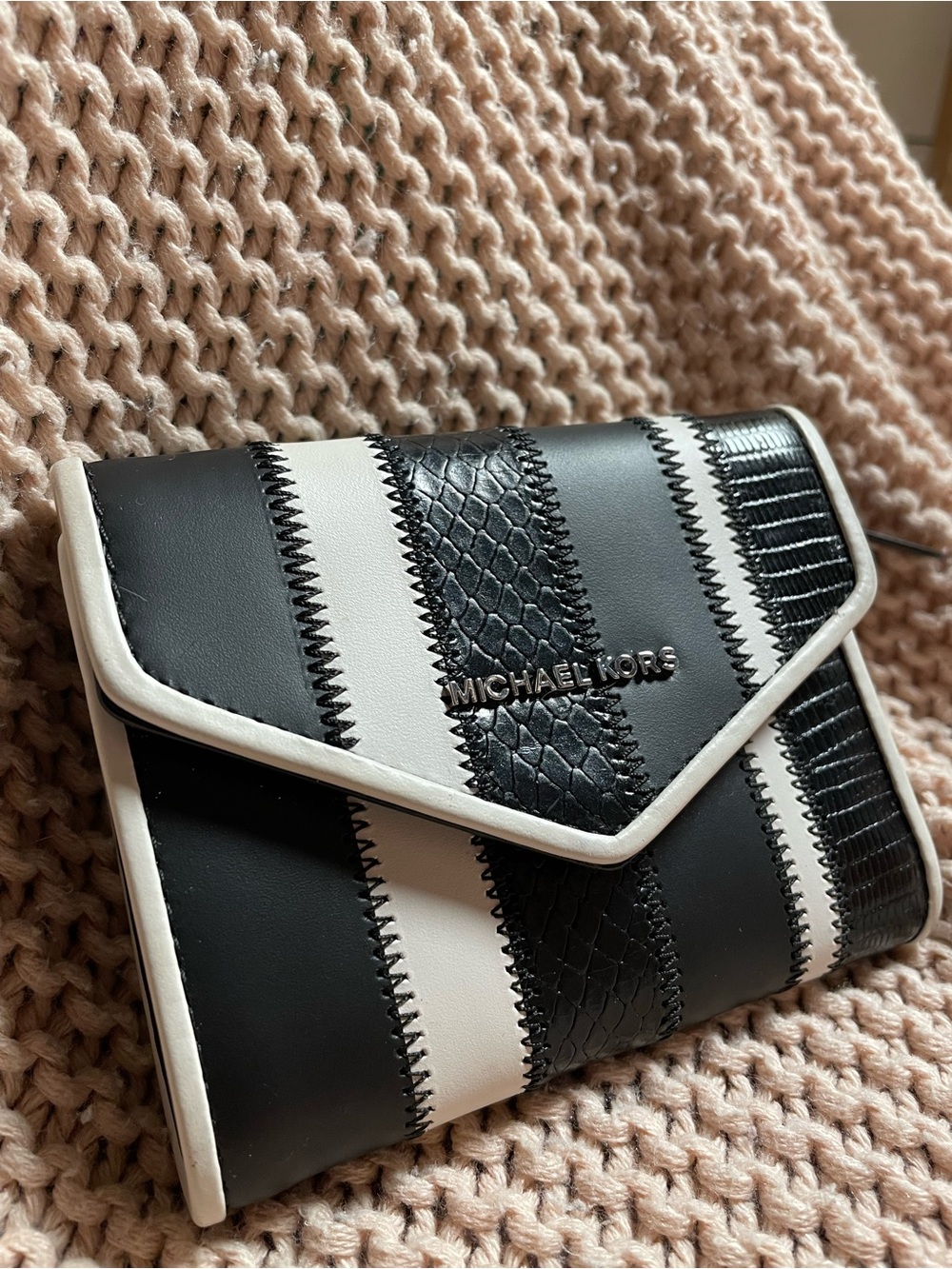 Michael Kors Black White Snakeskin Stripe Small Trifold Envelope Wallet Leather